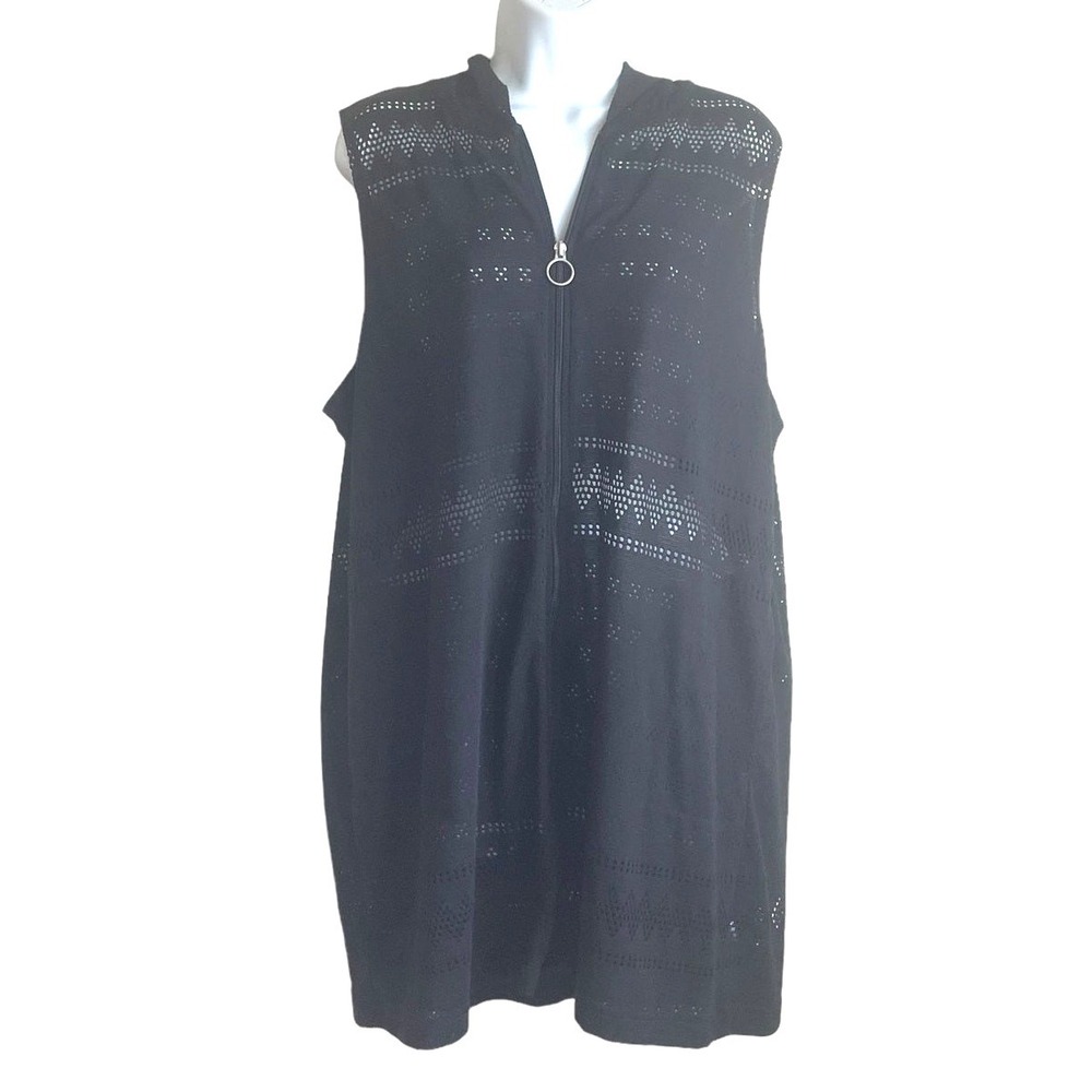 Croft Barrow Women Sleeveless Tunic XL Black Zip Front Eyelet Beach Cover Up